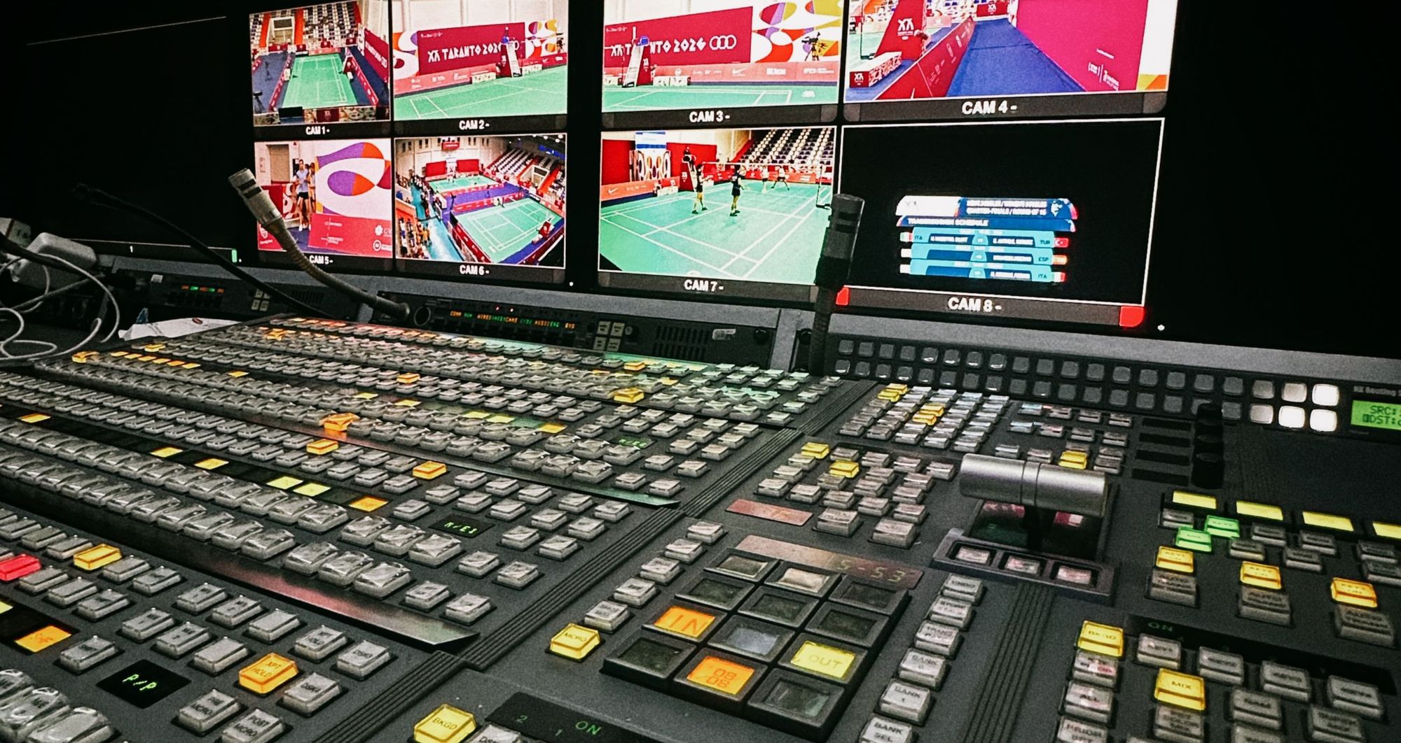 Broadcast control room with a multiviewer monitor wall above a vision mixer